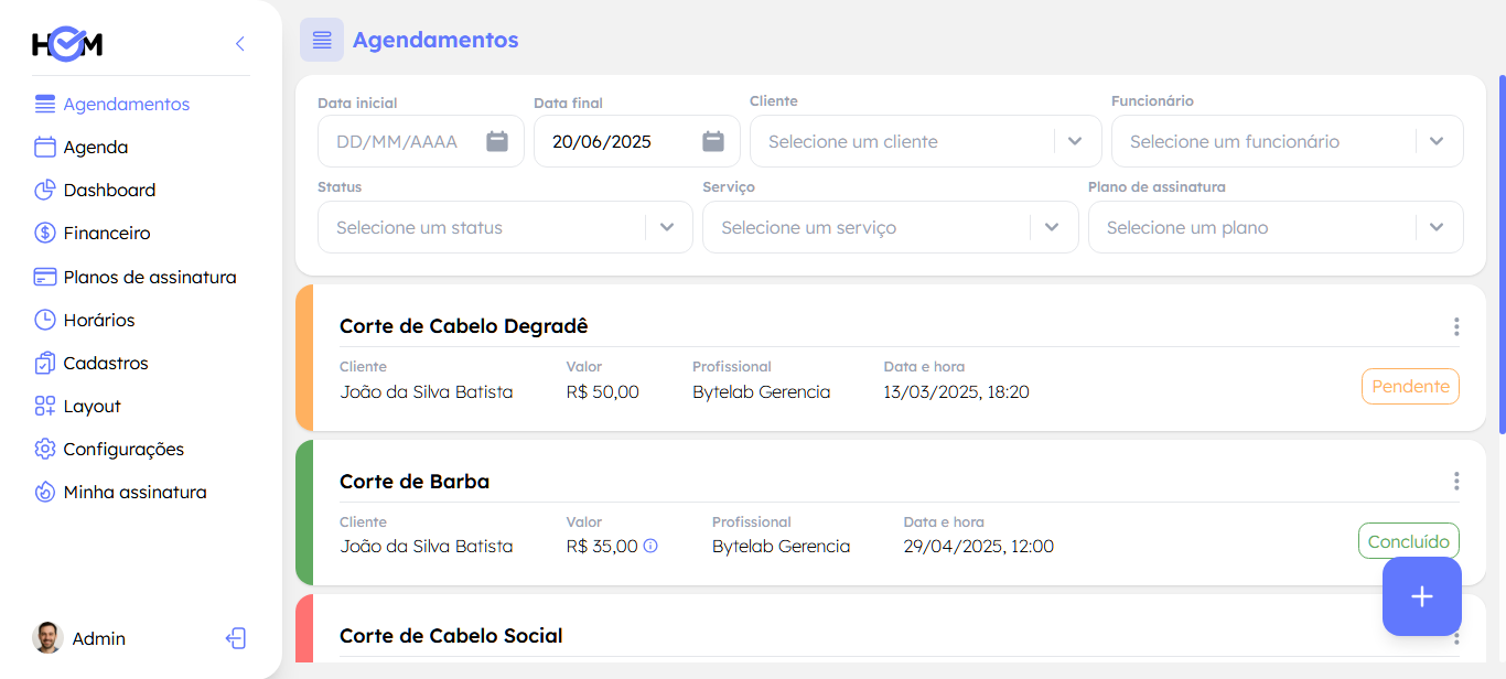 Screenshot da tela de agendamentos do sistema Hora Marcada