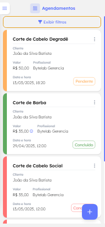 Screenshot da tela de agendamentos do sistema Hora Marcada